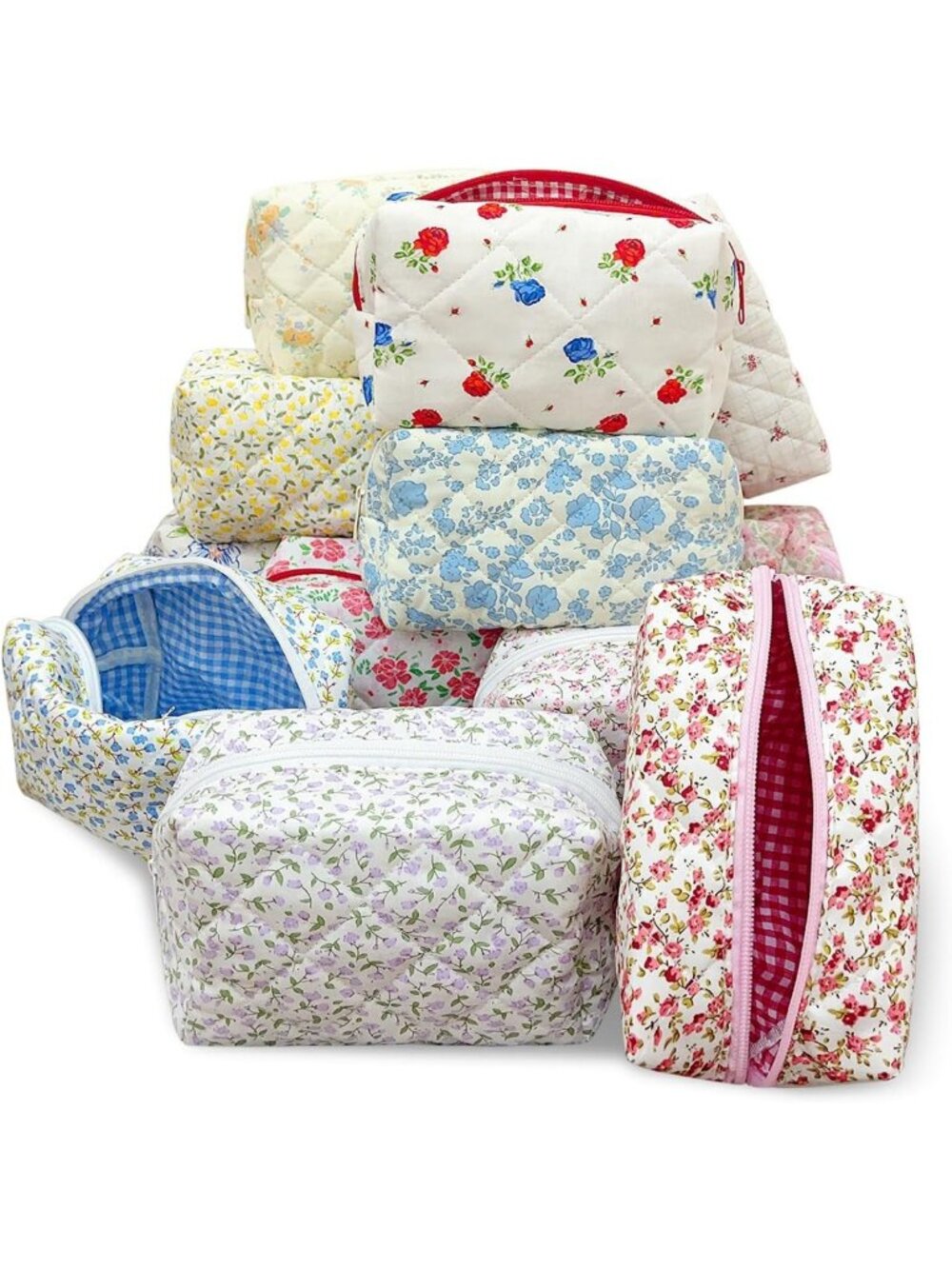 12 PCS Floral Quilted Makeup Bags Set - Zippered Cosmetic Pouches for Gifts